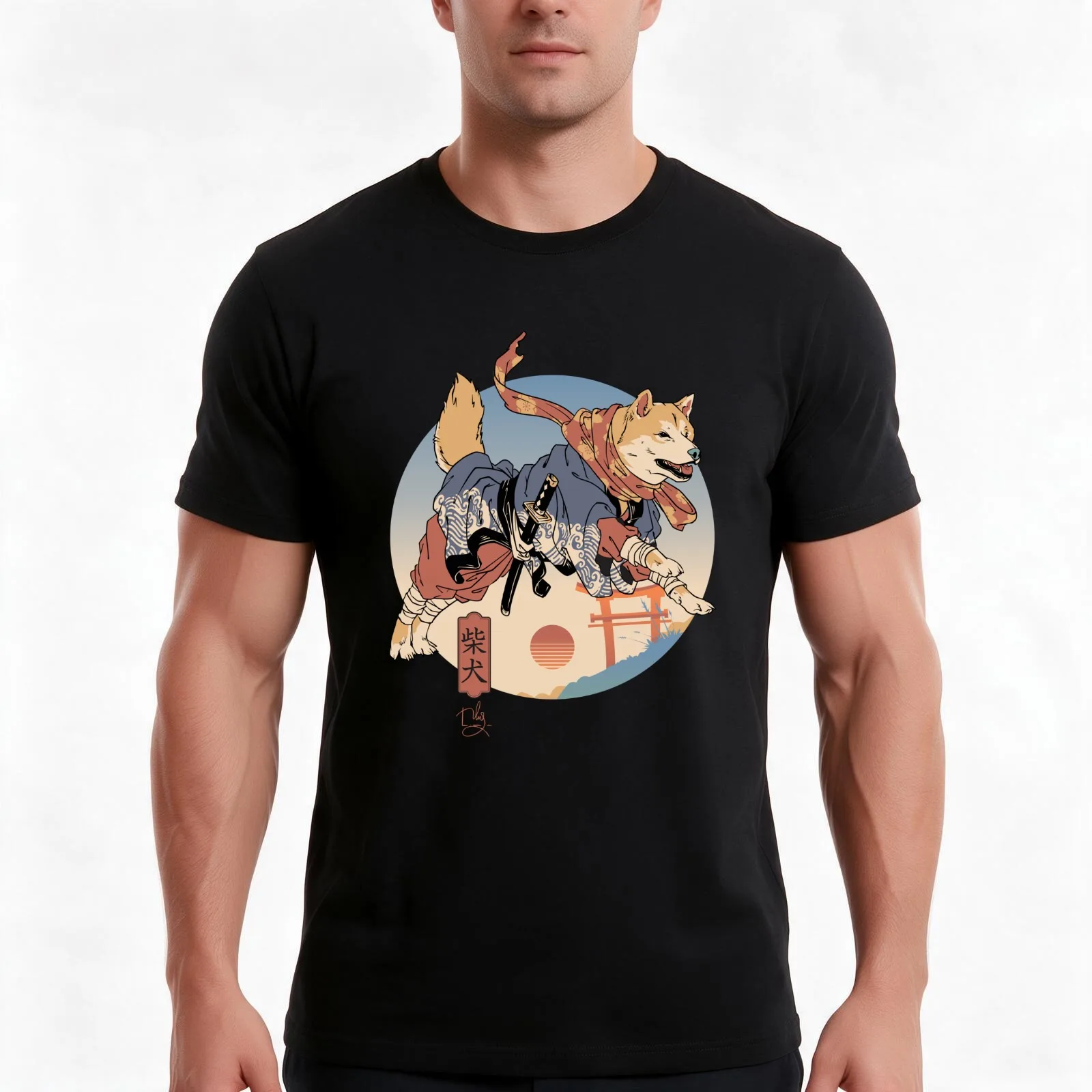 Shiba Ronin T-Shirt, Summer Casual Cotton Tee, Oversized Streetwear Tops, Vintage Graphic Print, Loose Fit Short Sleeve