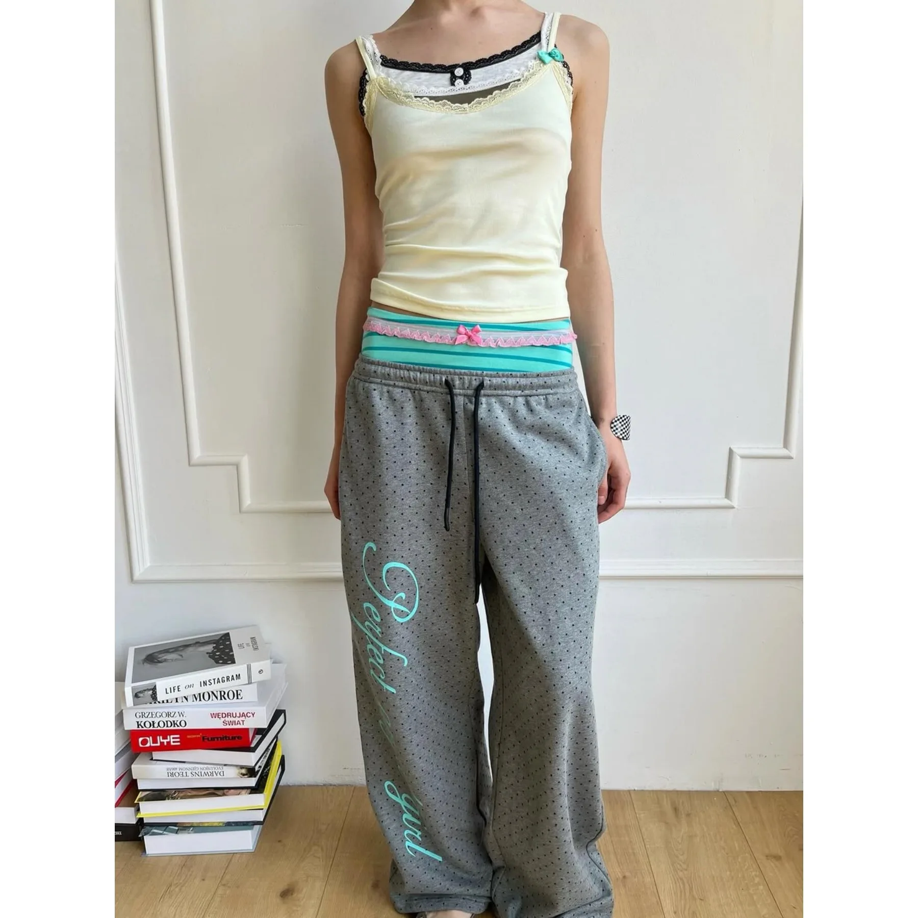 Y2K Womens Gray Polka Dot Wide Leg Pants Lace Double Waist Letter Print 2000s Cute Harajuku Casual Streetwear Sweat Trousers