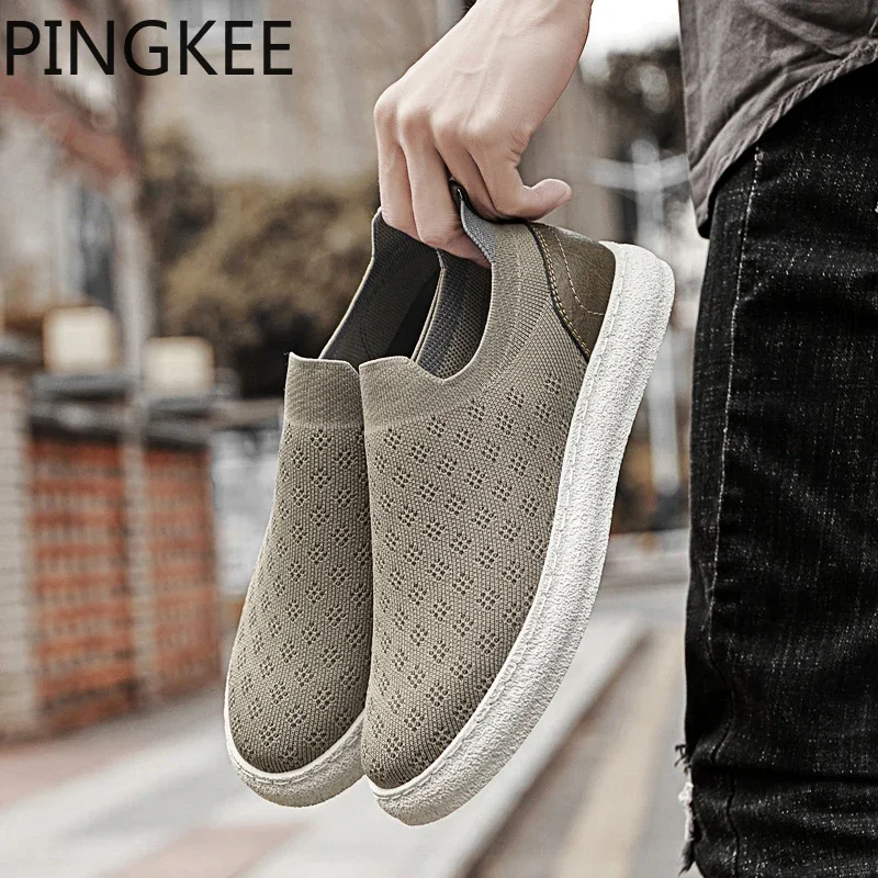 PINGKEE Knit Resilient Perforated Upper Men's Casual Shoes Quality Split Flat Moccasins Lace Up Sneakers Leisure For Men Shoes