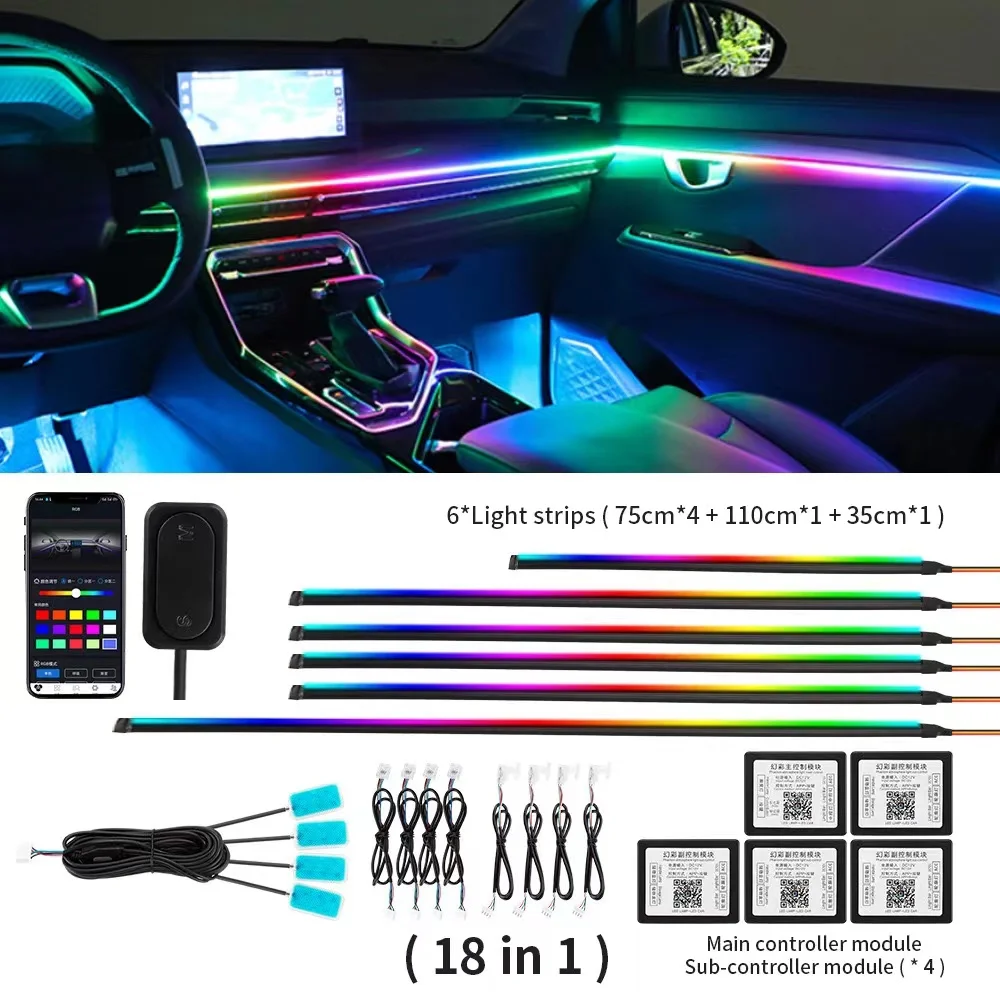 Car Ambient Lights 18 in 1 6 in 1 Symphony RGB Breathe Atmosphere Lamps Decoration LED Acrylic Strips Bluetooth APP Control 12V