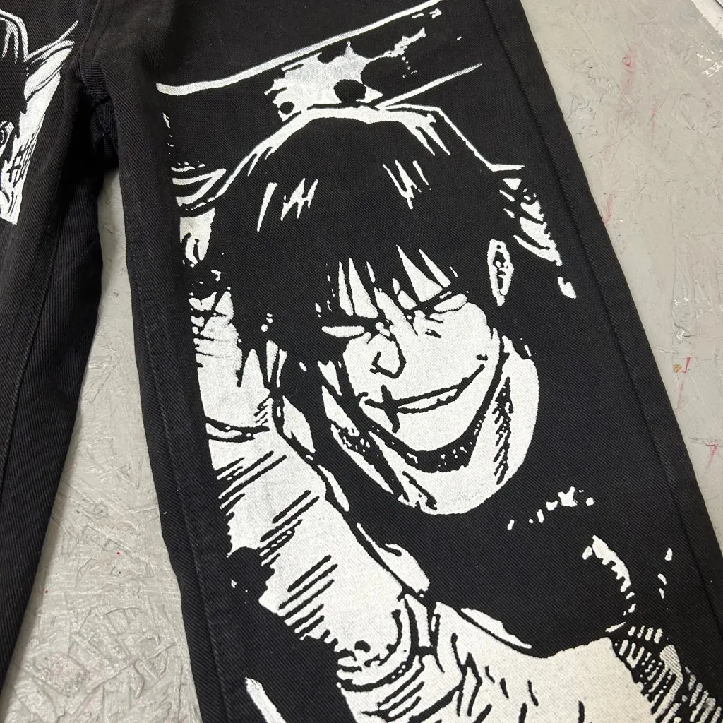 Personagens de anime Harajuku masculinos estampados, calças jeans de perna larga, calças estilo streetwear Y2K, calças pretas, novos casais