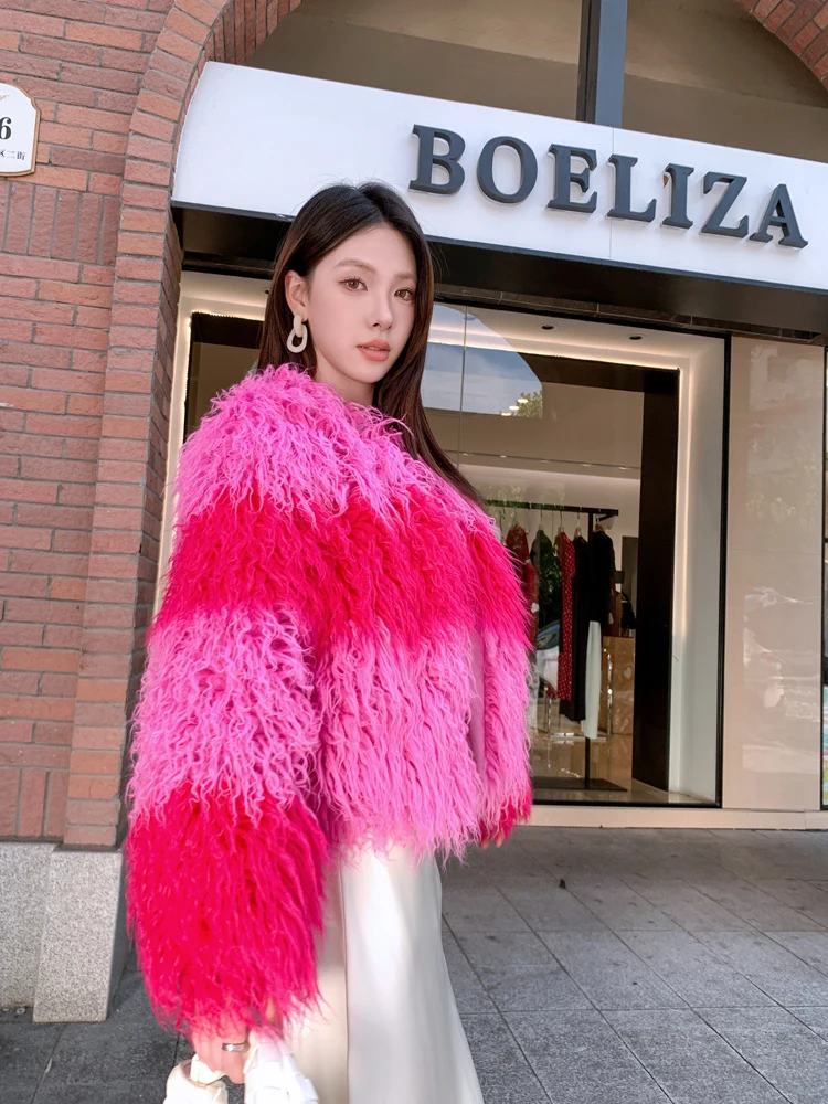 Original Design Autumn Winter Rose Red and Peach Pink Faux Fur Coat Lady Shaggy Outerwear Women's Jacket Factory Direct Sales