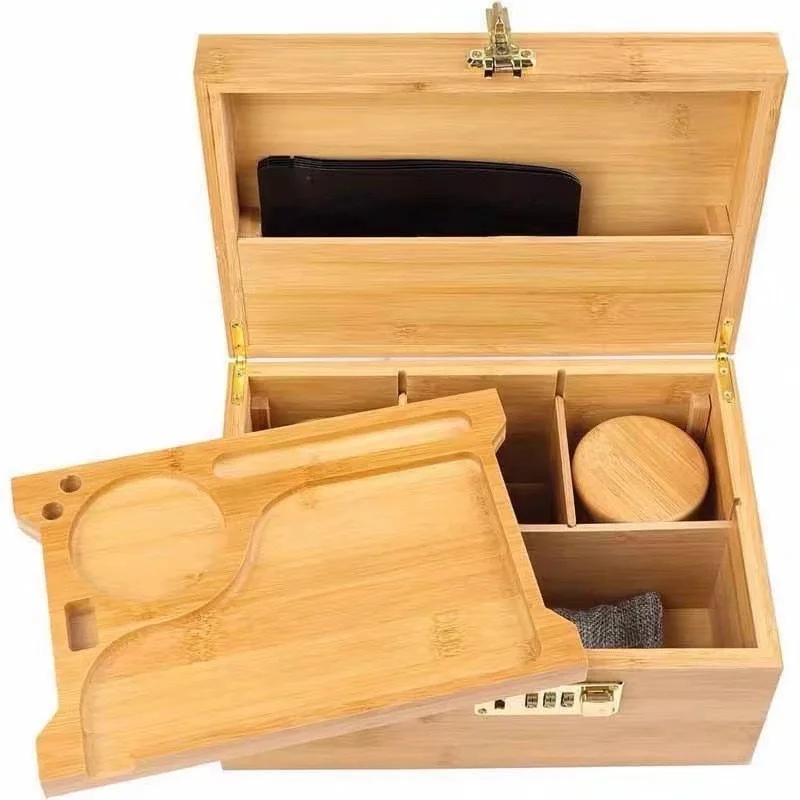 New Bamboo Storage Box With Lock Movable Rolg Tray Tea Cigarettes Operationed Trays Cut Tobacco Reel Handmade Large Stash Kit