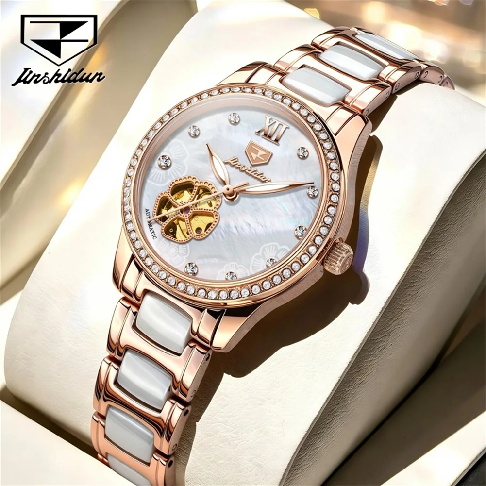 JSDUN 8864 Original Mechanical Movement Women Watch Pearl Dial Floral Ceramic Steel Bracelet Luminous Waterproof Watch