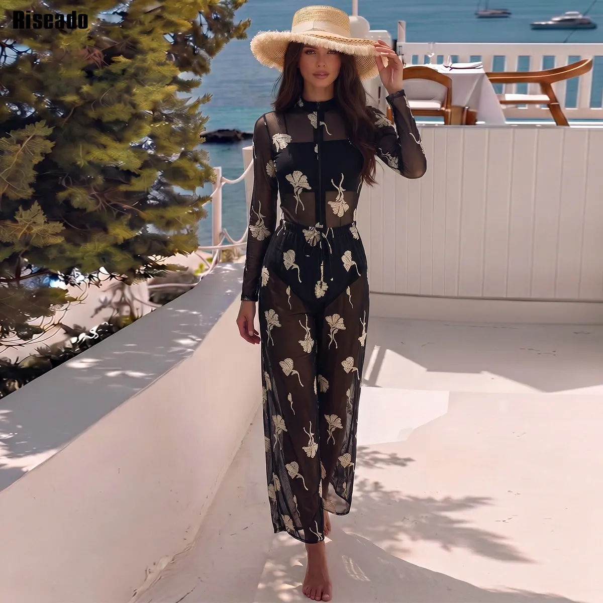 2026 Mesh Swimsuit with Long Pants Resort Swimwear Leaf Print Black Sexy Beach Vacation Swimsuit‌ ‌Cover-up Bathing Suit