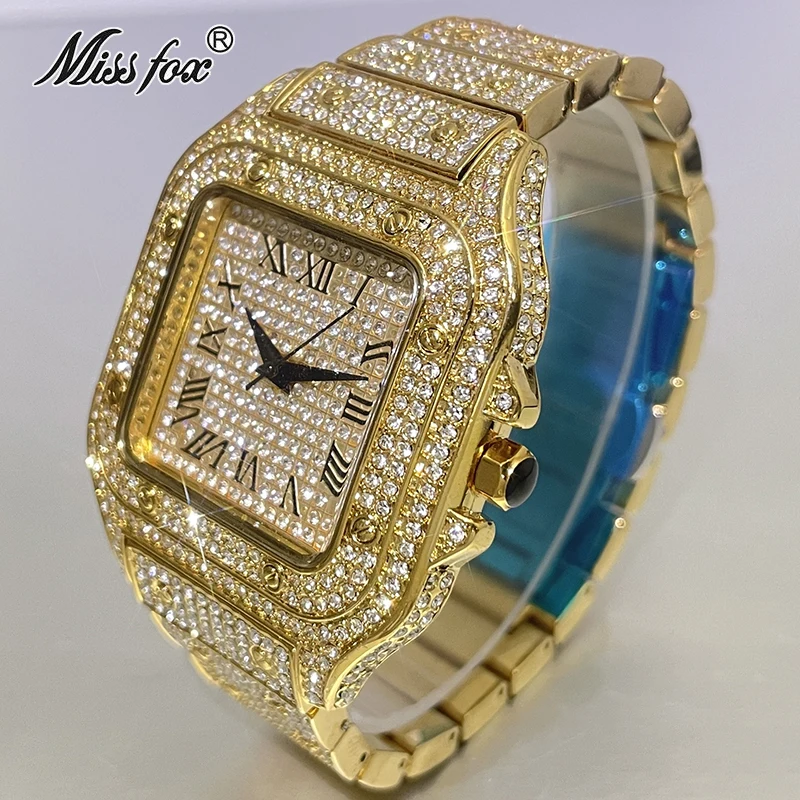 MISSFOX Luxury Gold Watch For Men Fashion Waterproof Quartz Clocks Hip Hop Iced Diamond Square Wristwatch Man Gift Free Shopping