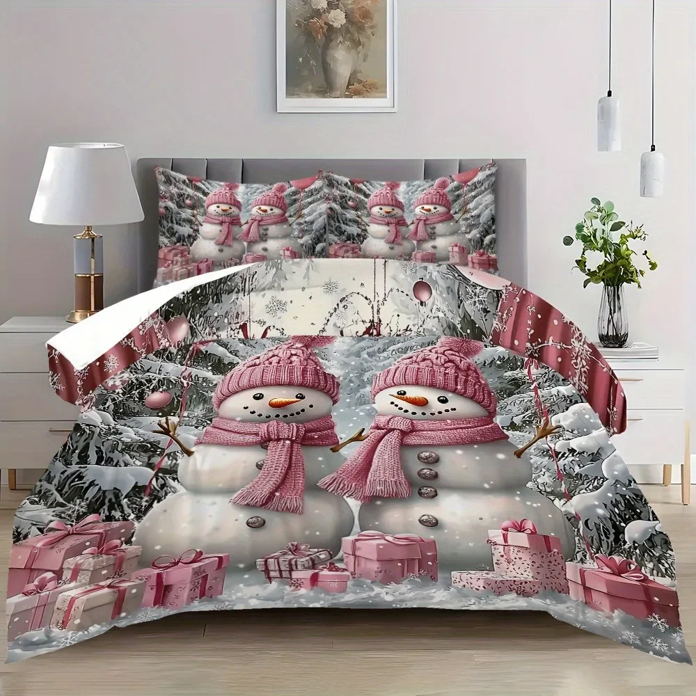 Christmas Snowman Duvet Cover Set with Pink Hats - 3pcs Polyester Bedding Set (1*Duvet Cover + 2*Pillowcases), Soft Comfortable