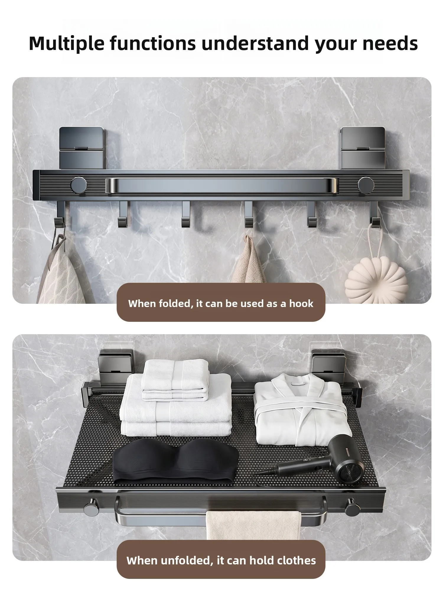 Suction Cup Telescopic Folding Bath Towel Rack, No Drill Wall Mounted Bathroom Storage Shelf for Clothes & Towels