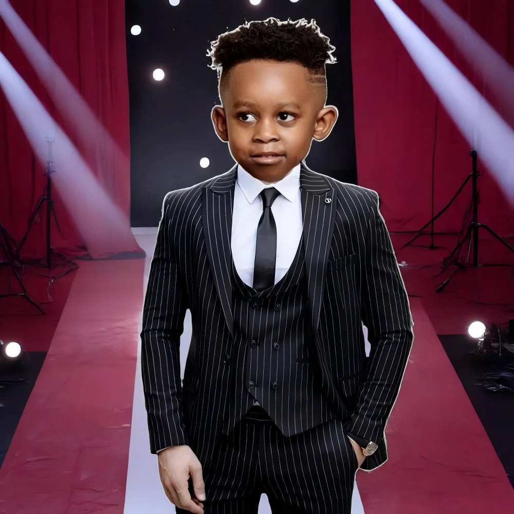 

Fashion Style Suit for Boys Wedding Tuxedo Black Striped Jacket Vest Pants 3 Pieces Slim Fit Kids Party Dress Child Clothes