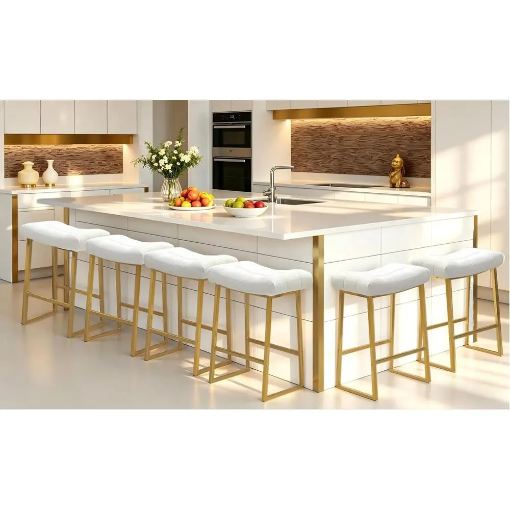 

Set of 6 Upholstered Leather Counter Height Bar Stools with Gold Base, 24 Inch