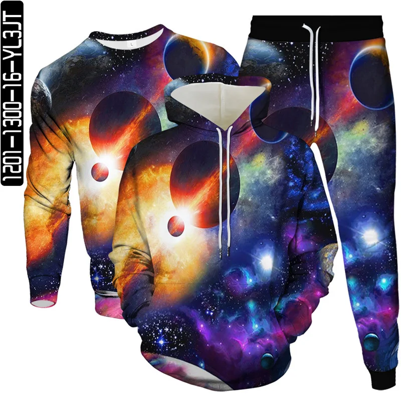 Men Plus Size Harajuku Style Clothes Suit Galaxy Universe Earth Planet Star 3D Print Tracksuit Hoodie Sweatshirt Pant 3 Pcs Set