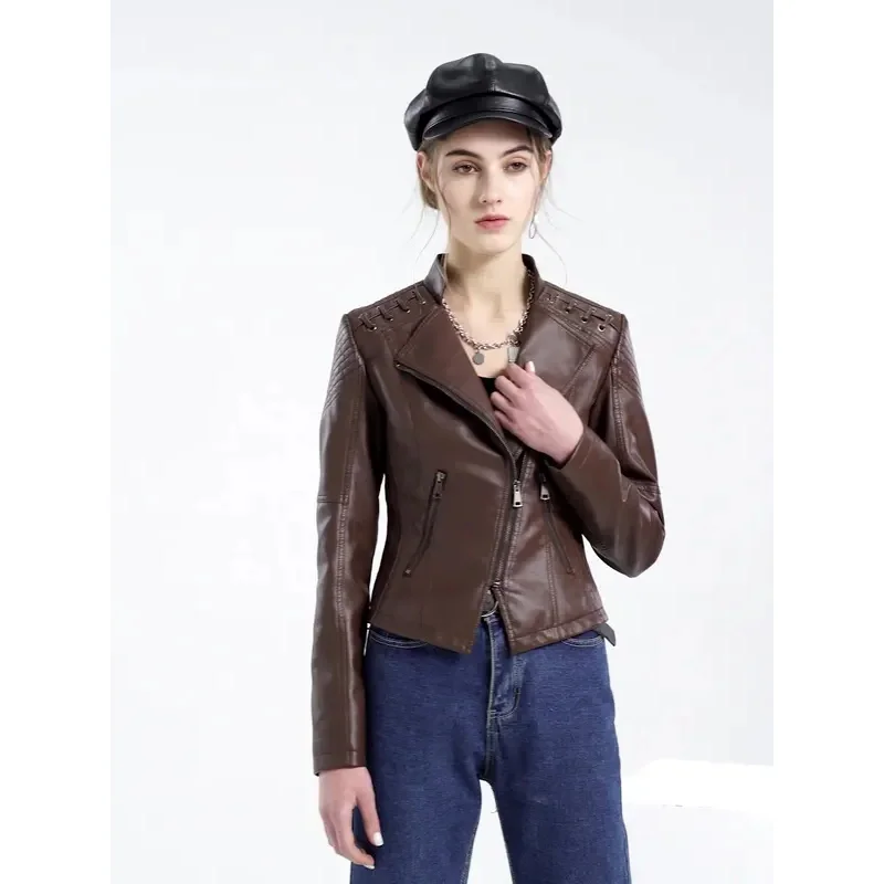 2023 크로스보더 유럽 코드 신상 봄 가을 여성 가죽 재킷, 여성 숏 재킷, 슬림핏 얇은 가죽 재킷