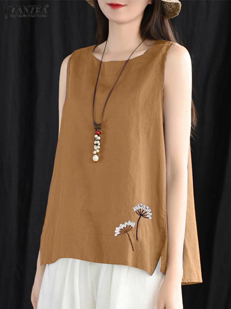 

2025 ZANZEA Summer Embroidery Tanks Tops Women Fashion Sleeveless Blouse Casual Loose Holiday Beach Shirt Female Cotton Camis
