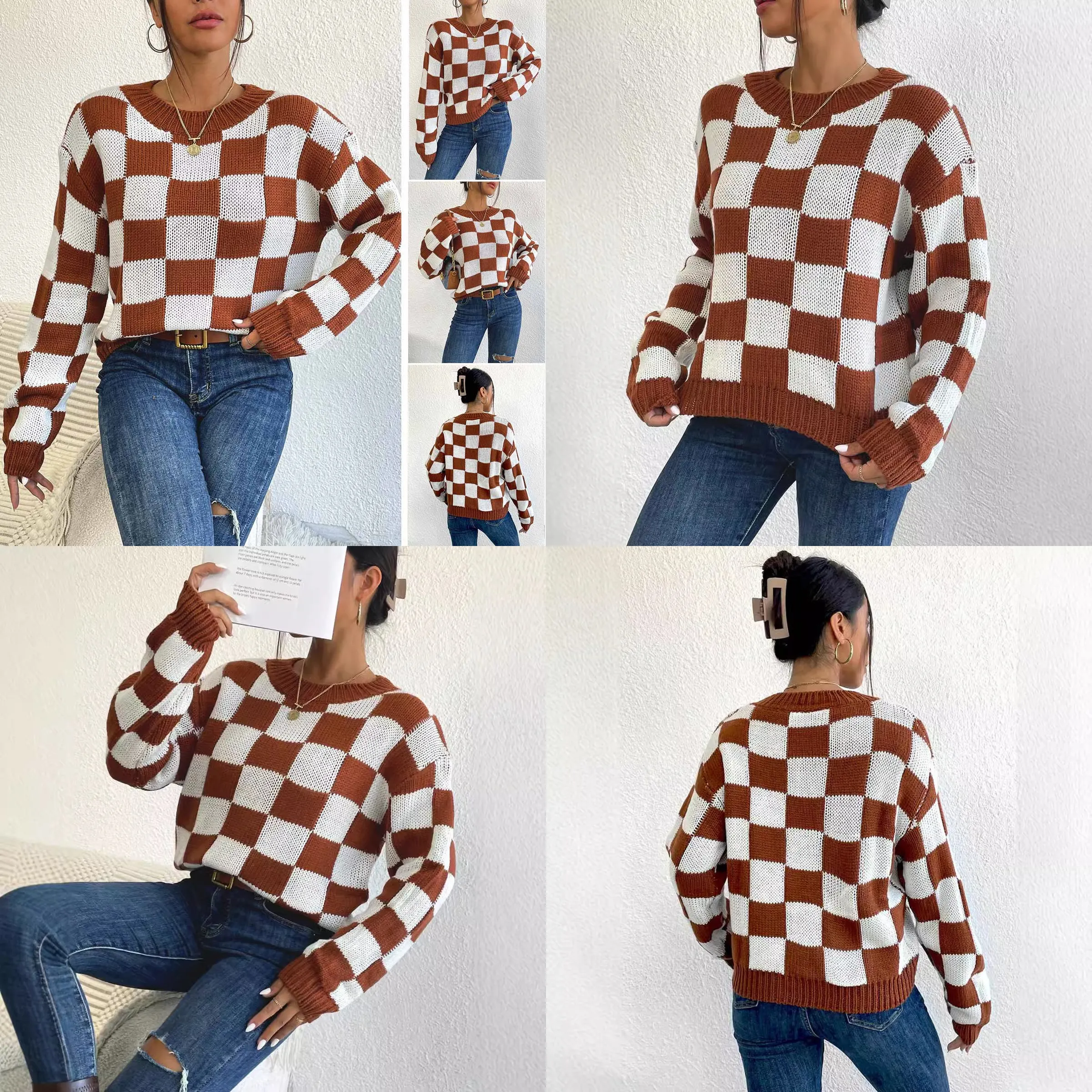 Crosshatch Check Oversized Sweater Pullover Long Sleeve Knit Top Winter Chunky Sweaters Jumper Pullovers Blouse Tee