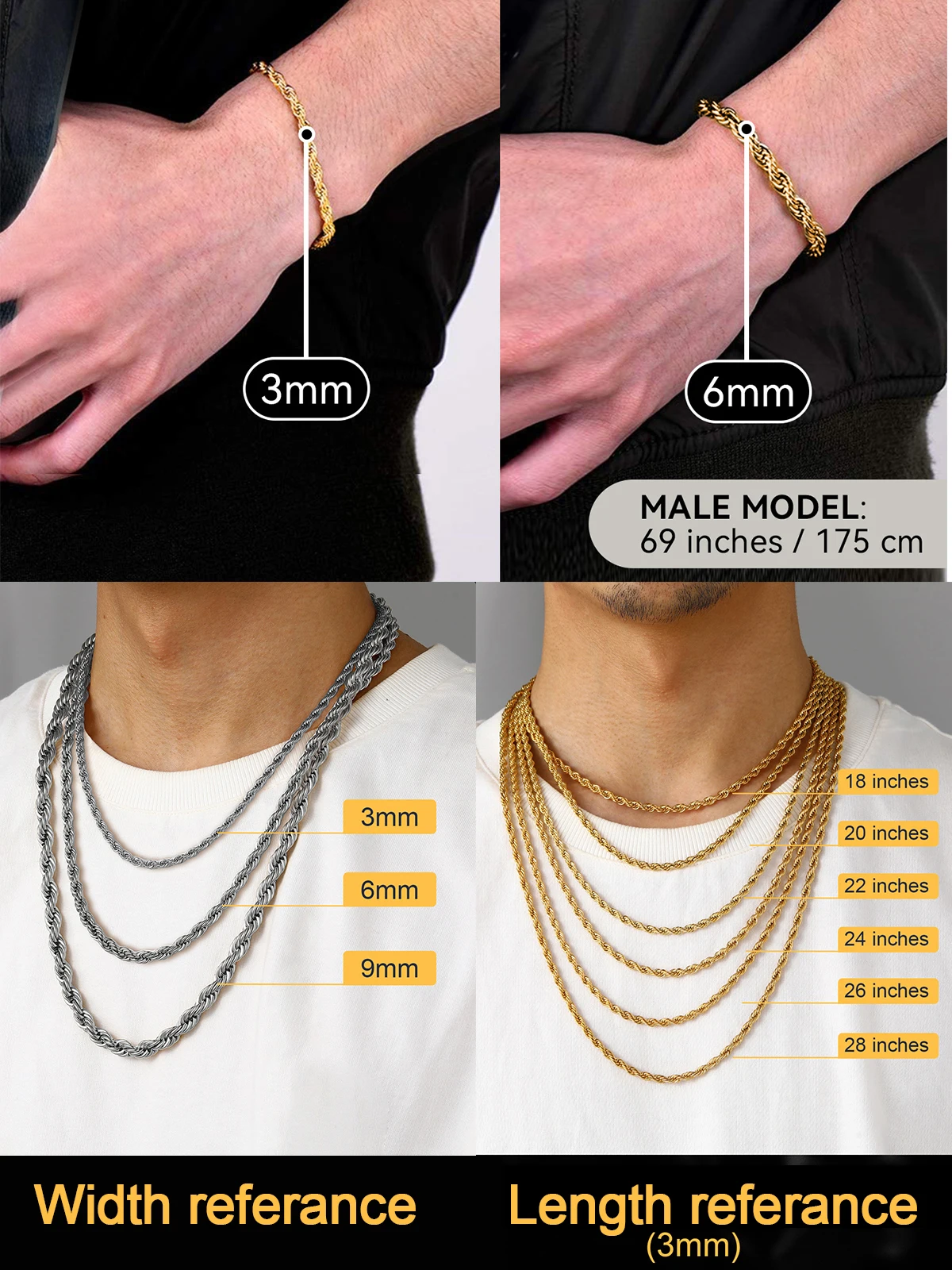 U7 316L Stainless Steel 3mm / 6mm Rope Chain Necklace Bracelets Sets for Men Woman 18-30\