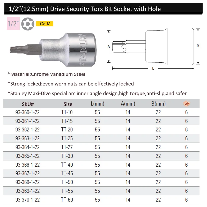 Stanley 1-Piece 3/8 1/2 drive security tamper proof torx bit socket with hole TT10 TT15 TT20 TT25 TT27 TT30 TT40 TT45 TT50 TT55