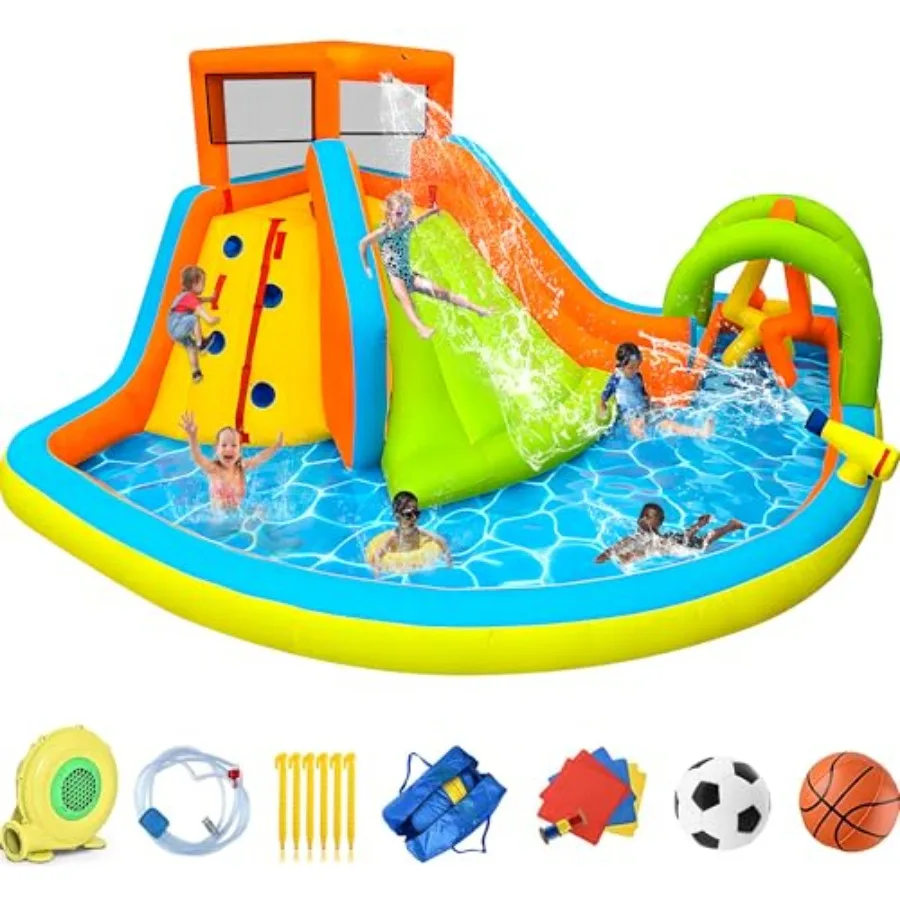 

Надувной аквапарк 6 в 1 с бассейном, водной пушкой, полосой препятствий, струйным душем и прочной конструкцией для улицы