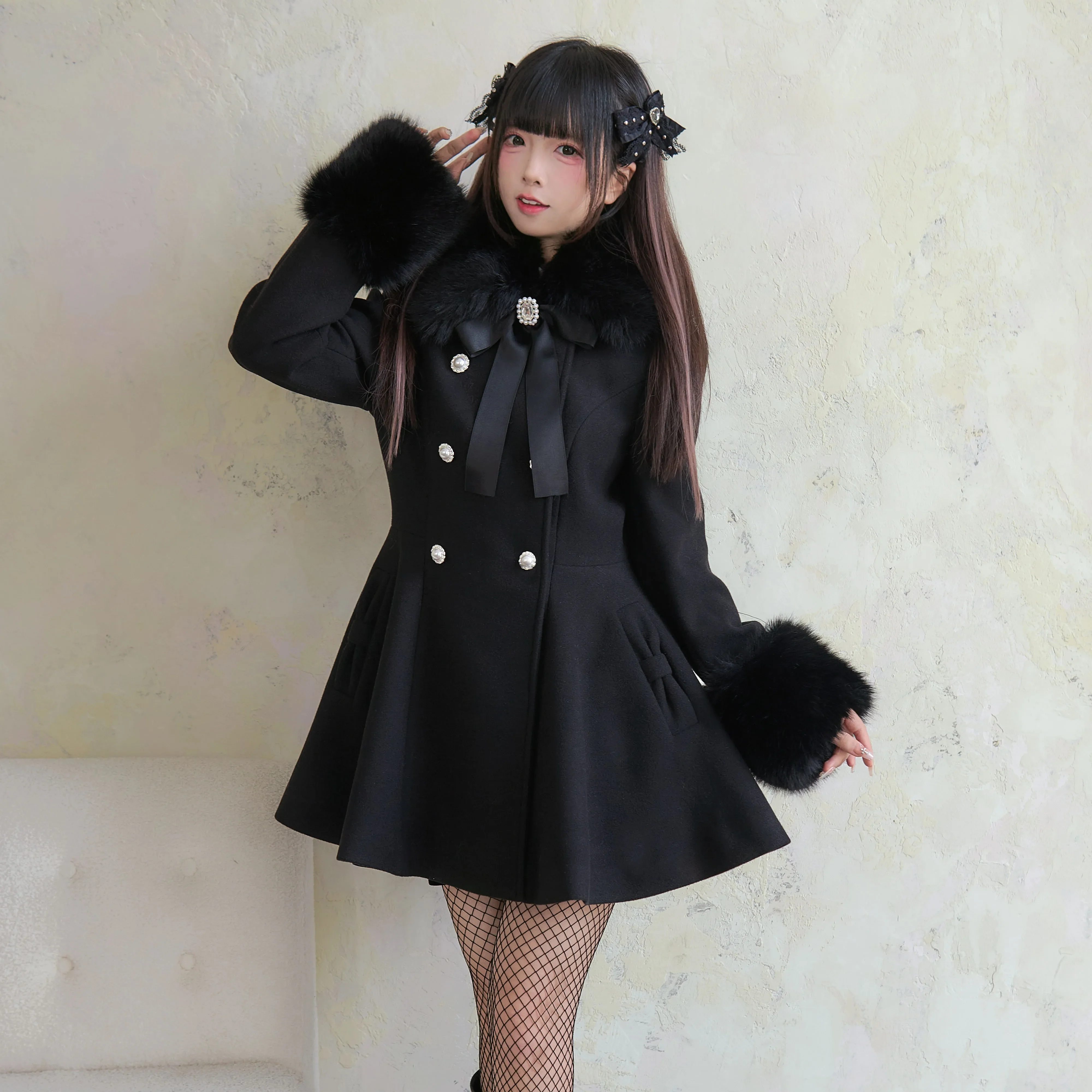 Japanese Mine Sweet Fur Collar Slim Double-breasted Woolen Coat New Winter New Sweet Lolita Women's Bow Slim Mid-length Jackets