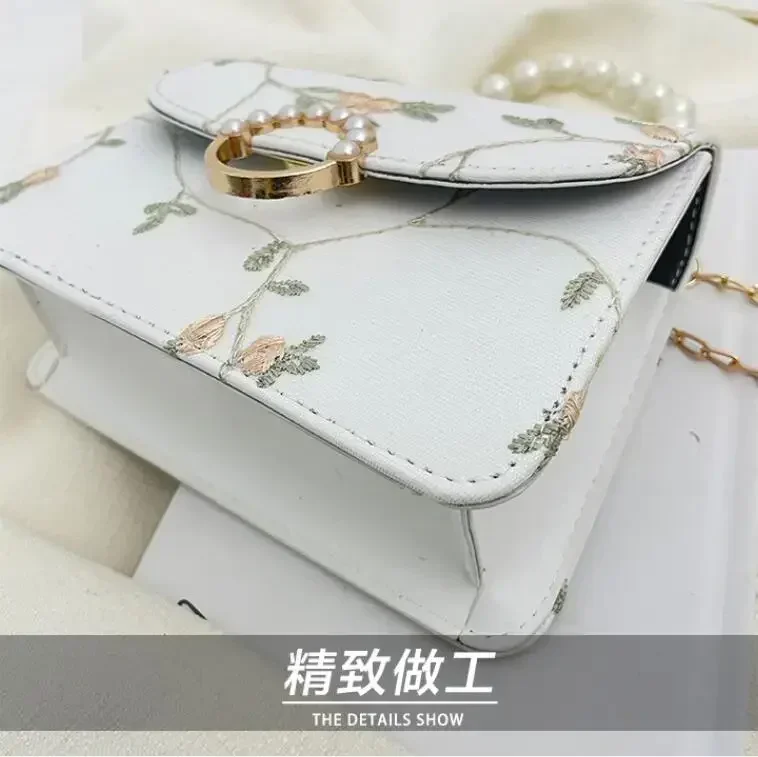 PU Flower Embroidery Shoulder Bags Messenger Vintage Pearl Chain Handbags Female Fashion Flap Crossbody Bags