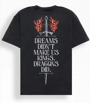 House of The Dragon Sword Fire Quote Back Print Vintage Washed Cotton Short Sleeve T-Shirt