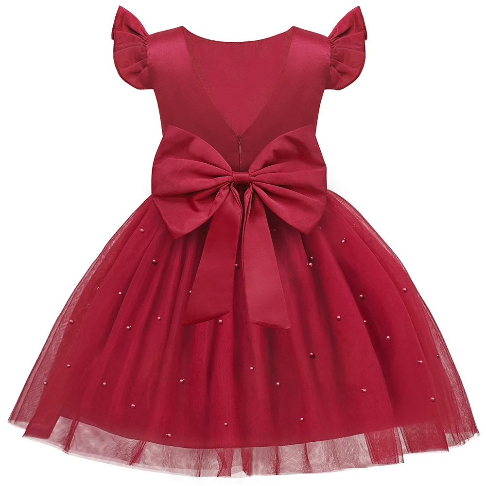 Kids Christmas Young Girls Party Dress Flutter Sleeves V Back Mesh Tutu Dress For Wedding Piano Performance Birthday Vestidos