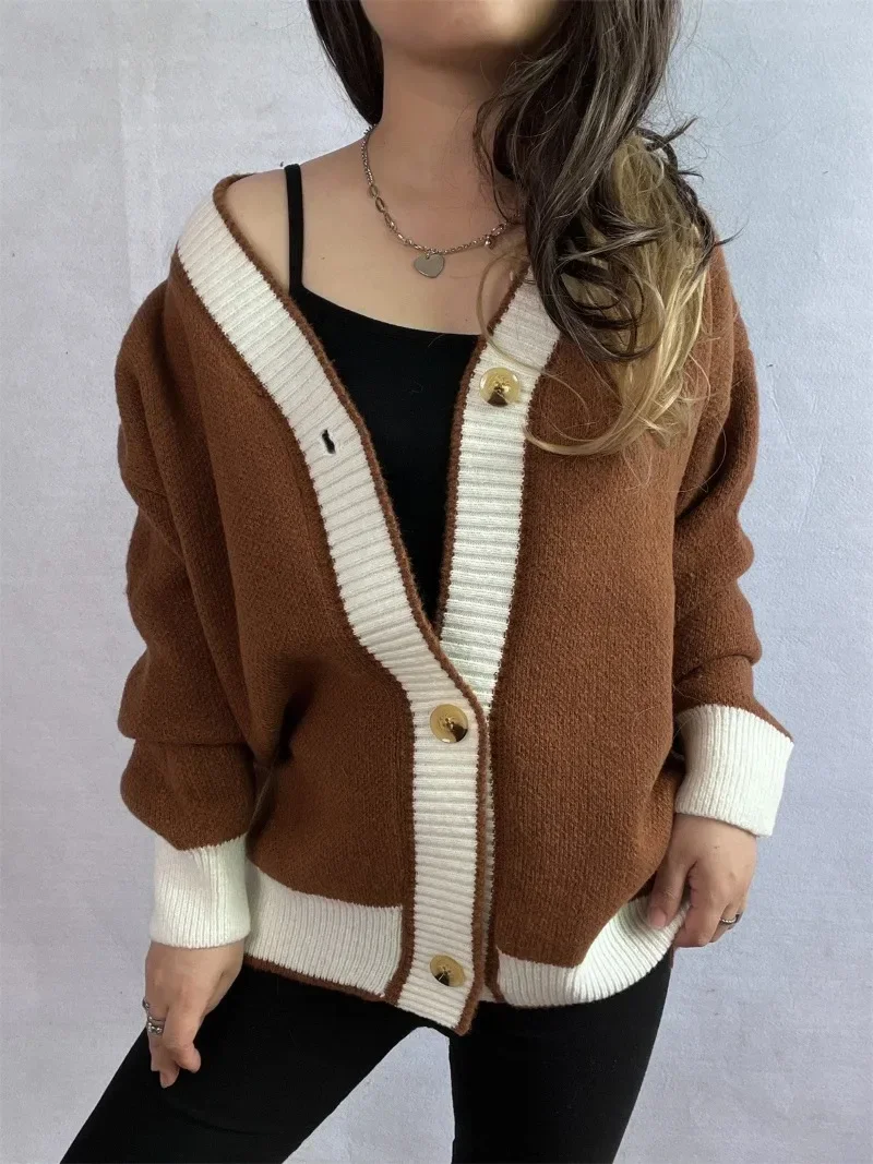 Korean Fashion Cardigans 2024 Autumn Winter New Plus Size Contrast Cardigan Sweater Coats Street Style Loose Knitted Cardigans