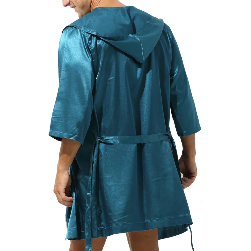 Mens Hooded Bathrobe With Shorts Set Short Sleeve Men Pajama Bath Robe Set Summer Silk Satin Nightgown Kimono Bathrobe Sleepwear