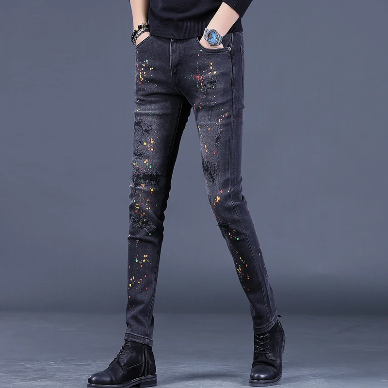 Dots Printed Ripped Black Jeans Men Autumn Gray Black Slim Fit Straight Pants Streetwear Casual Stretch Denim Trousers