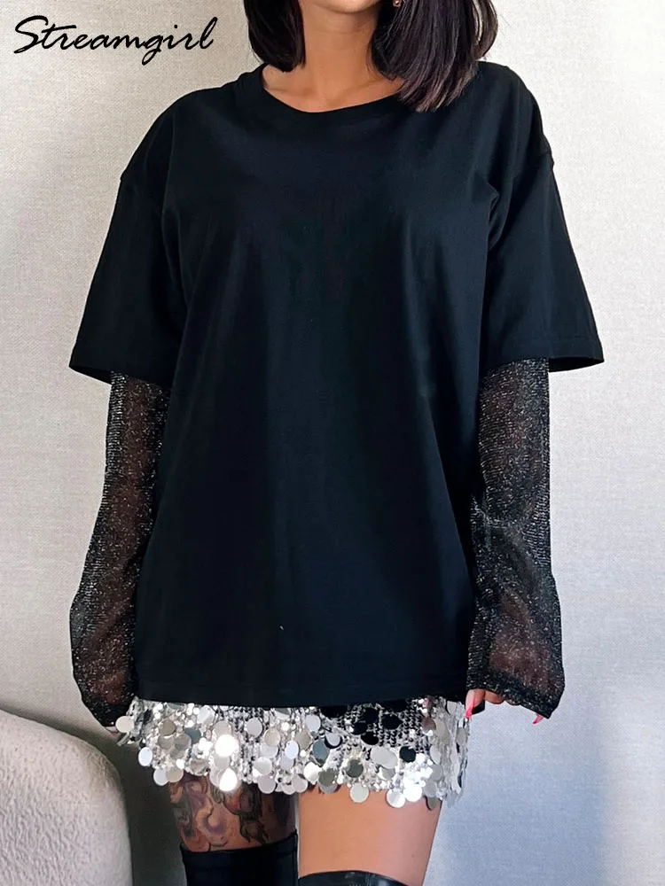 Bright Mesh Oversize T Shirt Women Long Sleeve Summer Bright Silk Sunscreen Top Loose Mesh Sleeves Tshirts For Women Black 2025