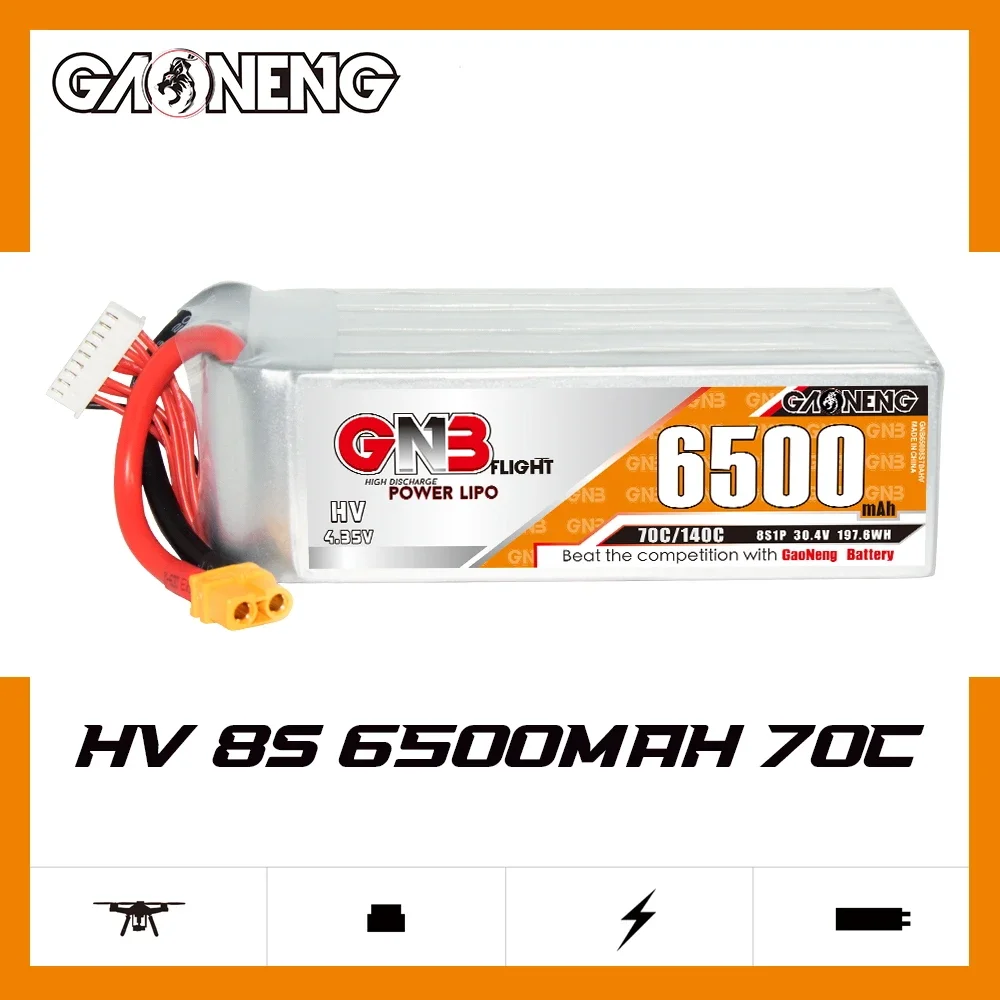 

GAONENG GNB 6500mAh HV 8S 70C 140C 30.4V XT60 LiPo Battery 10inch Xclass FPV 1/7 1/8 scale vehicles FMS EDF Jets and 3D Plane