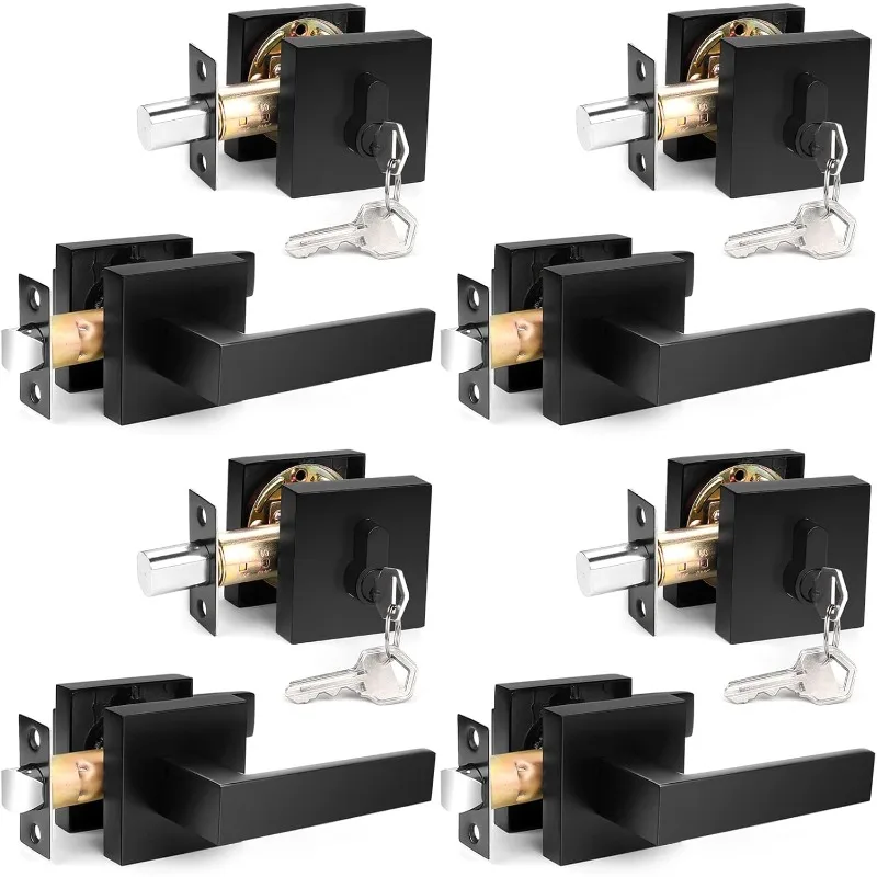 Flat Black Passage Door Lever with Single Cylinder Deadbolts Combo Pack, Modern Square Lock Set Handleset,Exterior Door