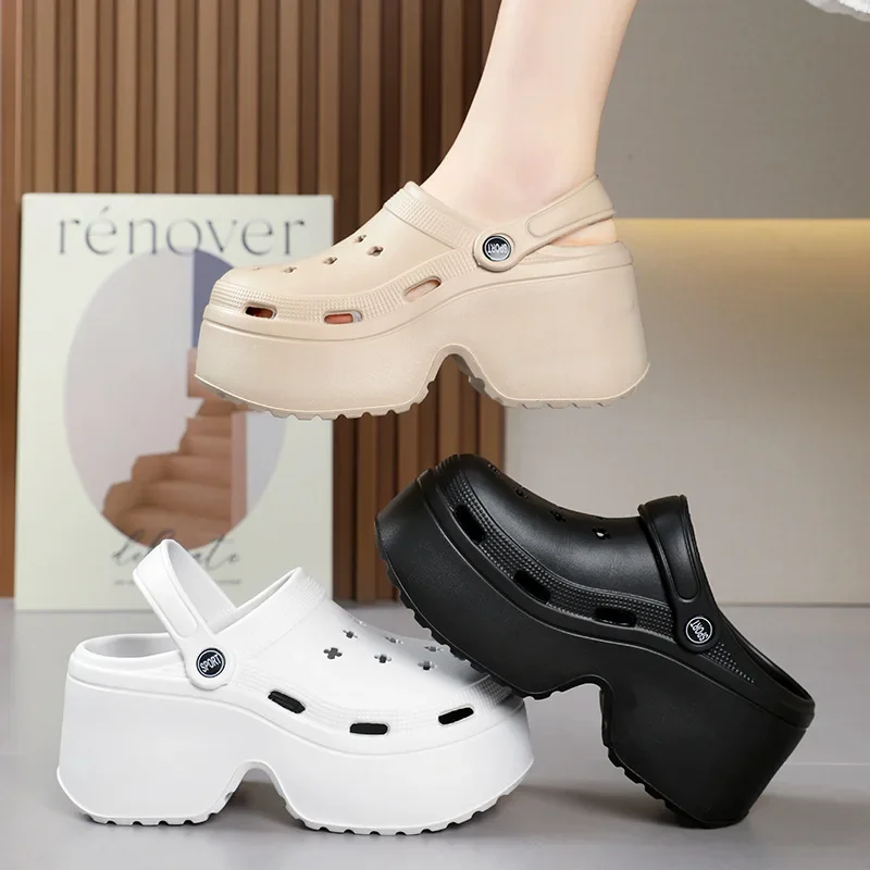 8CM Thick Women's Sandals 2024 New Summer Slippers High Heel Soft Sole Beach Garden Shoes Outdoor Waterproof Women's Hole Shoes