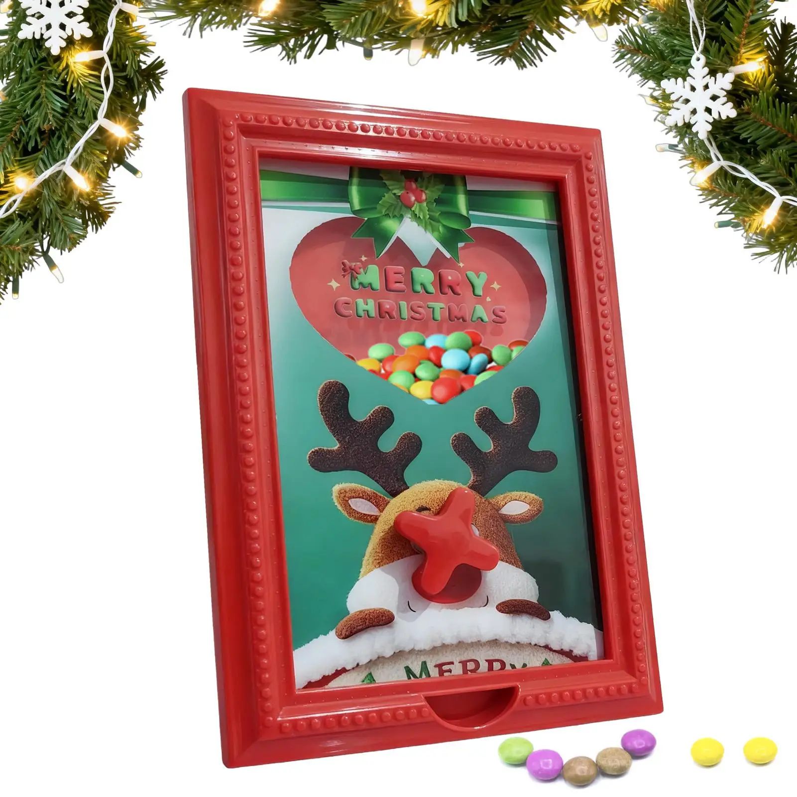 Candy Dispenser Picture Frame Christmas Reindeer-Themed Frame Holder Holiday Christmas Decor Candy Dispenser Frame Ornament