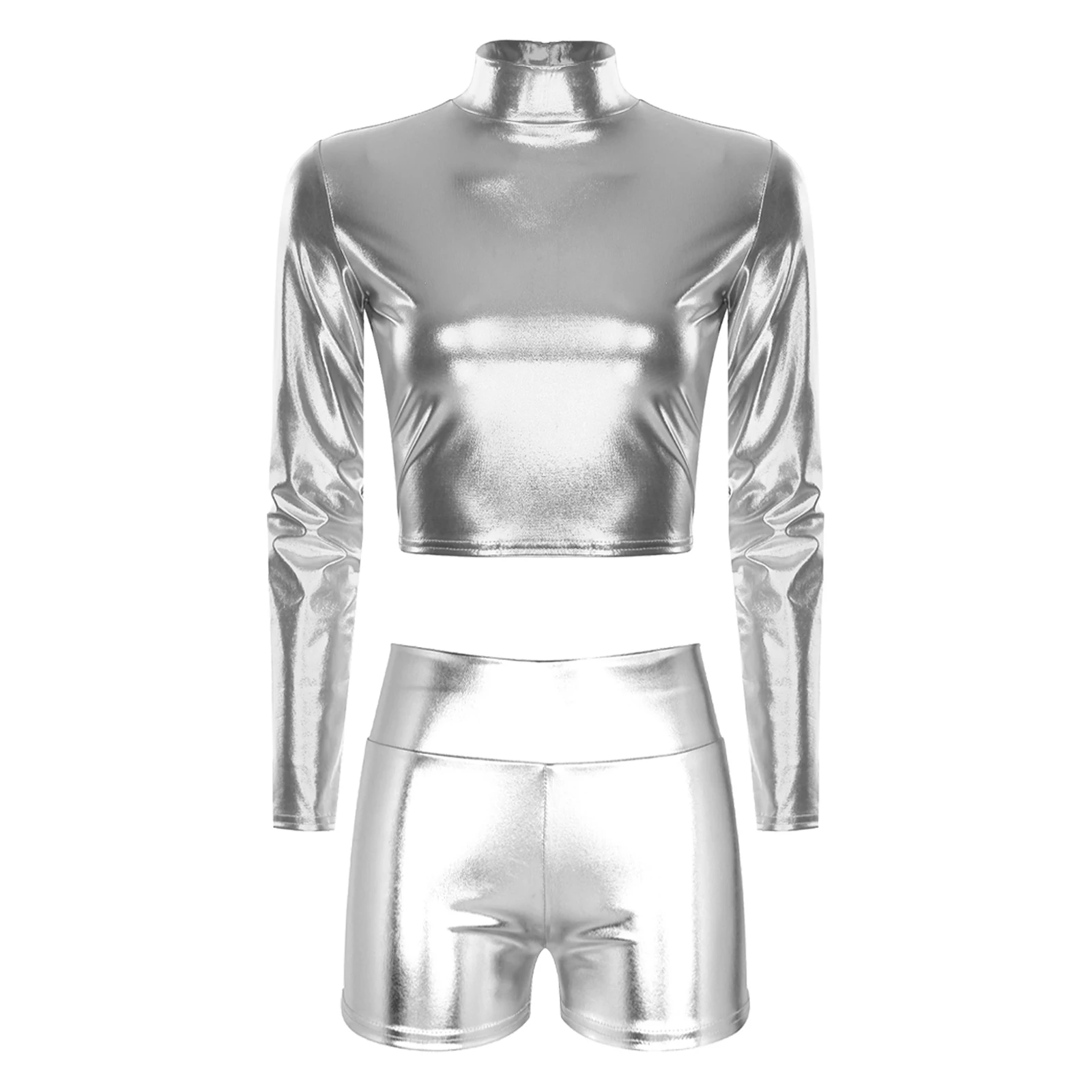 

Womens Shiny Metallic Skinny Outfits Rave Carnival Party Stage Club Performance Costume Long Sleeve Slim Crop Tops and Shorts