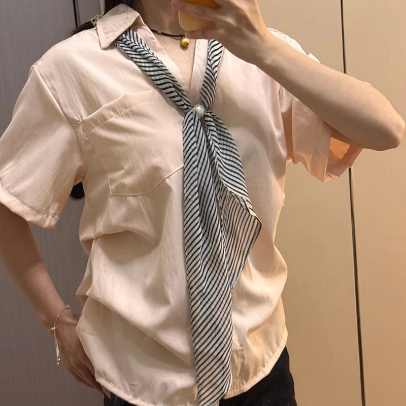 Korean Style Minimalist Pearl Striped Silk Scarf Decoration Shirt Tie Hair Tie Bag Ribbon Long Ribbon Ribbon Belt Accessories