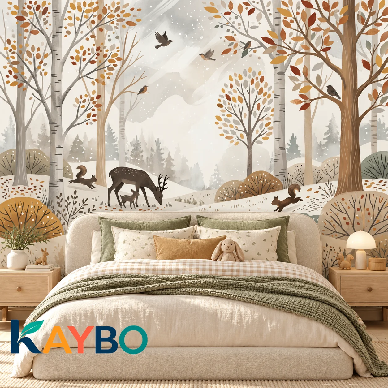 Cute Forest Wallpaper Mural, Woodland Deer and Birch Trees, Neutral Autumn Nursery Wall Decor for Kids Bedroom Non Self Adhesive