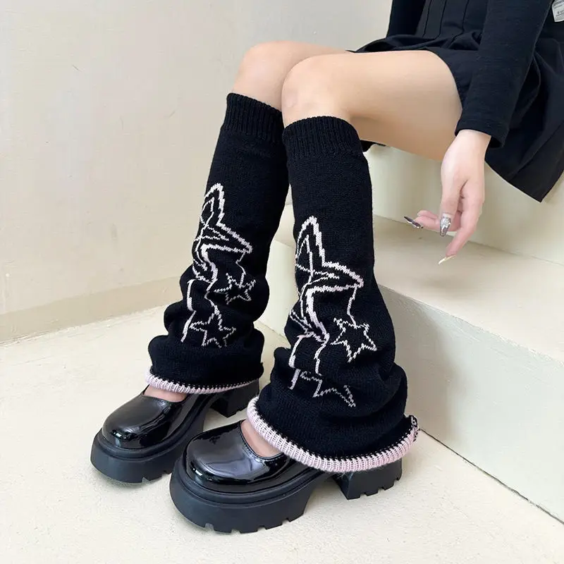 A Pair of Kawaii All-Match Heap Mid-Calf Socks Hollow Stars Knitted Y2K Campus Jk Strap Long Leg Set Leg Shaping for Women