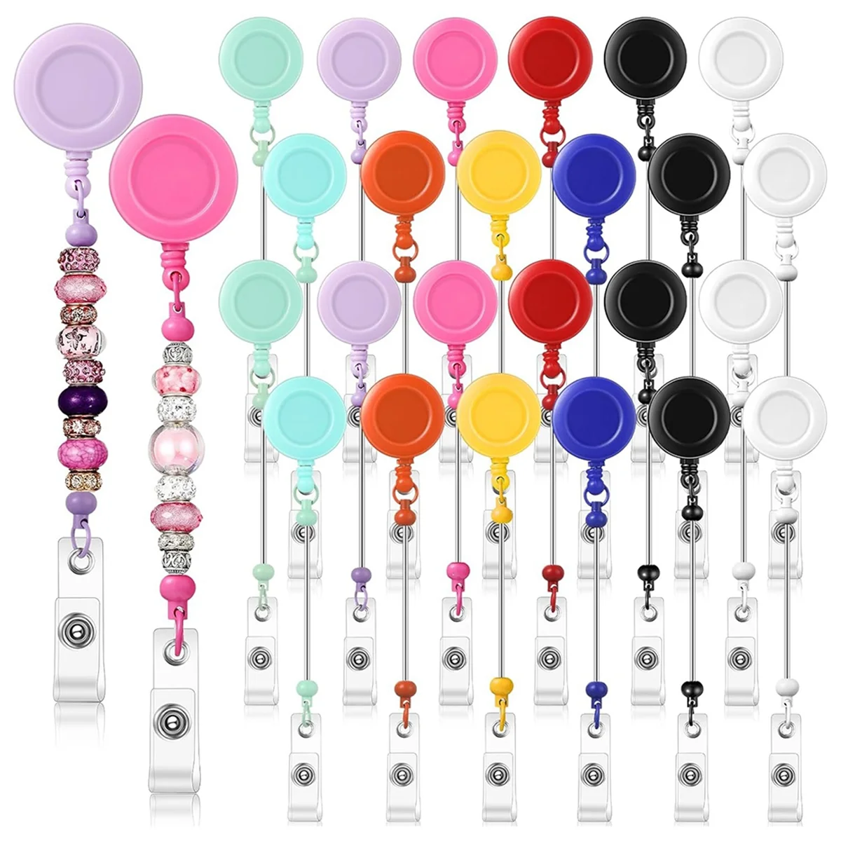 24 Pcs Beadable Badge Reel Retractable Clips Holder for Beads Bulk Blank Bar ID Name Badge Reels with Belt Clip,Colorful