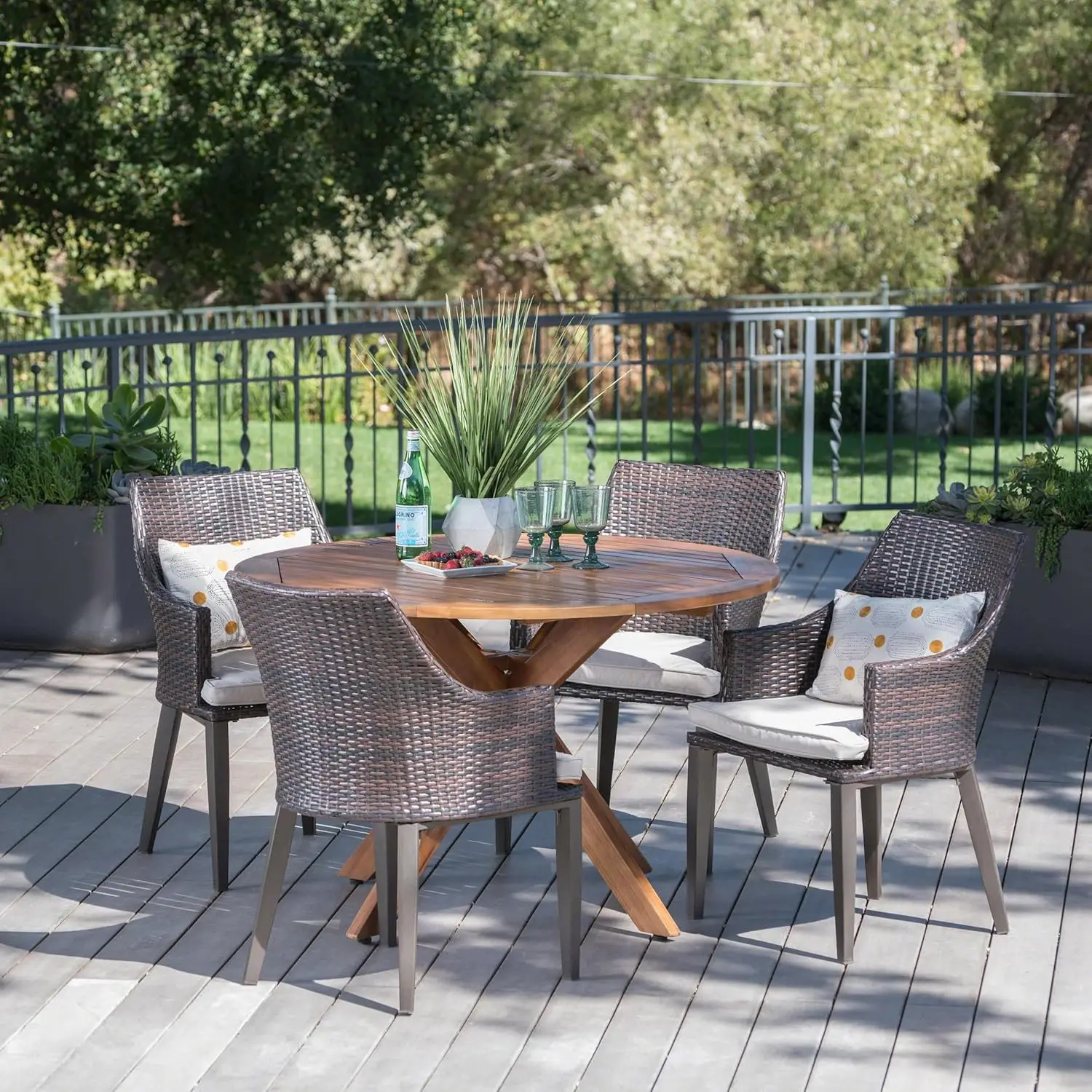 

Ryan Outdoor 5 Piece Wicker Round Dining Set Finished Acacia Wood Table Water Resistant Cushions