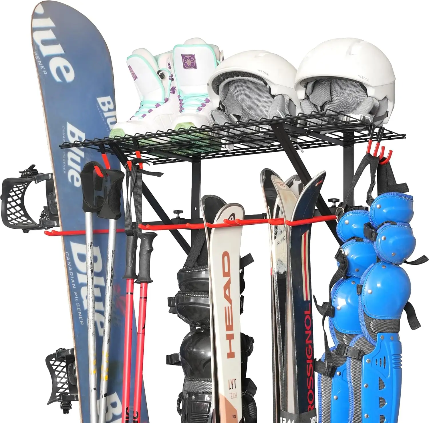 

Wall-Mounted Ski Rack with Top Shelf, Adjustable Spacing, Holds 280 lbs, Steel Storage for Garage