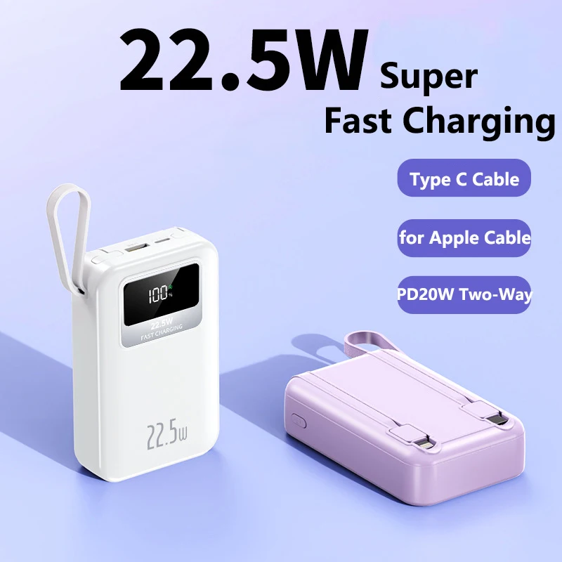 

30000mAh Mini Power Bank Built in Cable 22.5W Fast Charging Powerbank for iPhone 15 14 13 Huawei Xiaomi Samsung Type C Poverbank