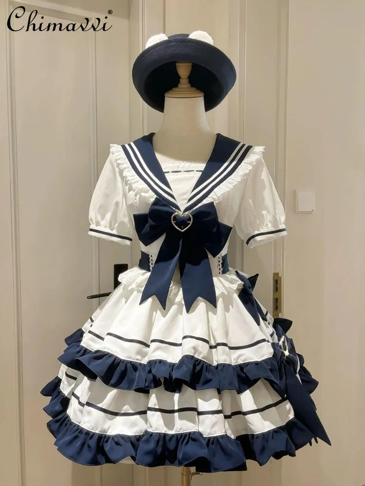 

Japanese Navy Style Sweet and Cute Girl JK Cake Ball Gown Dress Women 2024 Summer Short Sleeve Contrast Color Short Lolita Dress