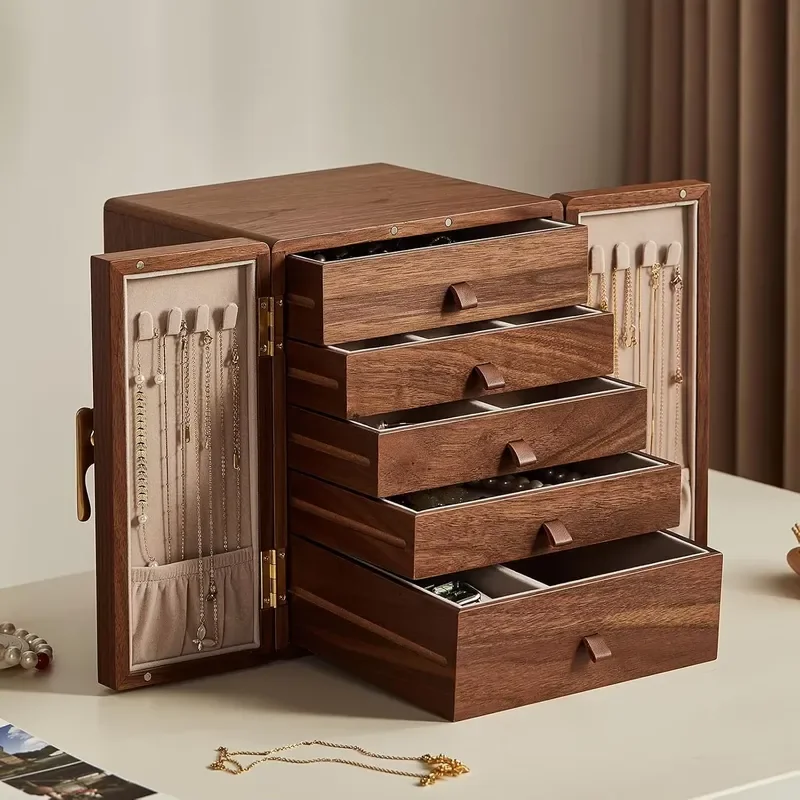 Large Black Walnut Wooden Jewelry Box 5 Layer Storage Organizer with Brass Handle for Necklace Ring Earring Home Decor Gift 5