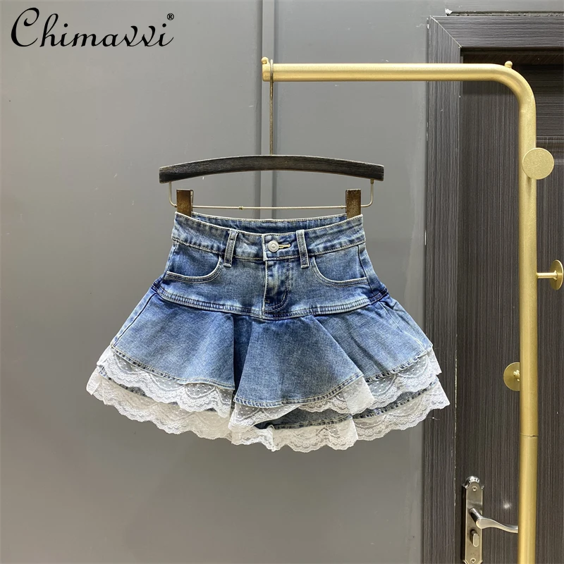 Mn Sweet-Jupe en jean taille haute pour femme, jupe en jean épissée, jupe bouffante en forme de A, bord à volants, épice, printemps et été, nouveau, 2025