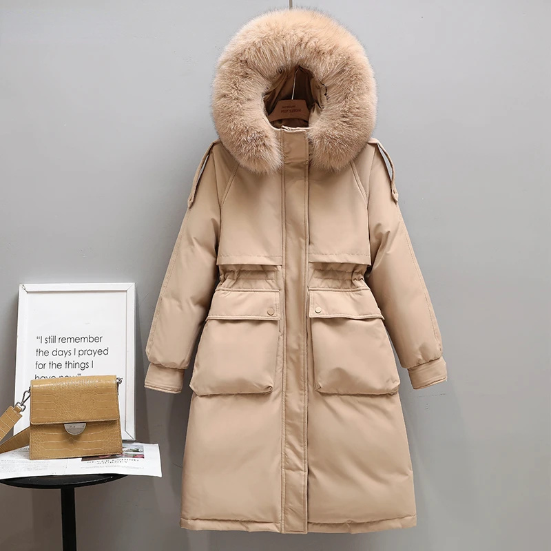 

Winter Women Long Jacke Natural Fur Collar Hooded Parkas White Duck Down Coat Thickness Snow Warm Outwear Women's Down Jacket