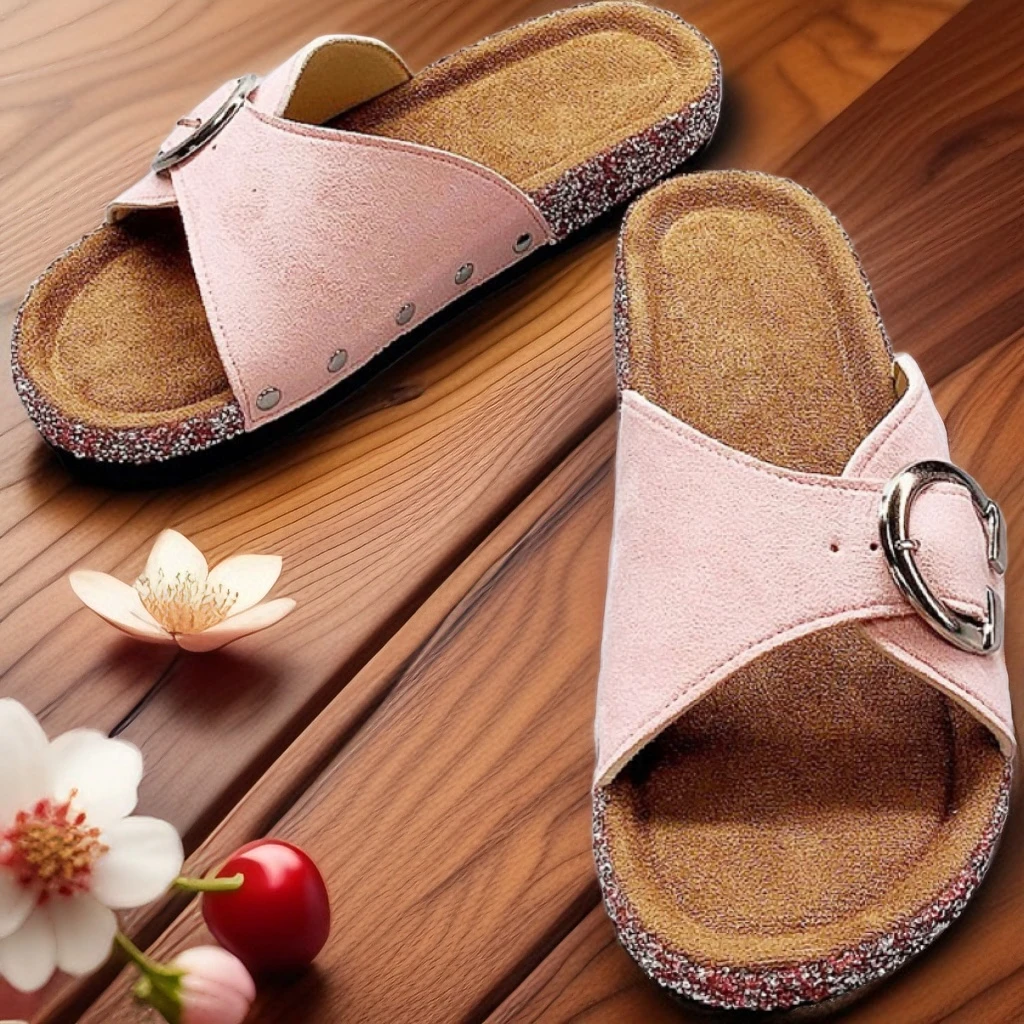 

Summer Beach Sandals Metal Buckle Pink Color 2025 Female Slippers Luxury Slides