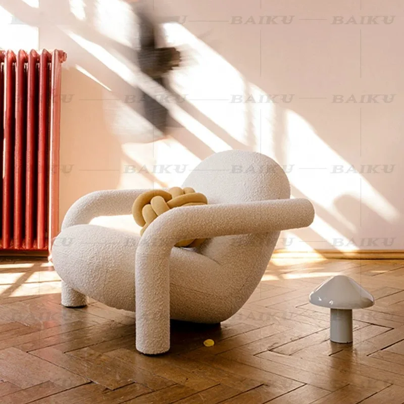 Minimalist Nordic solid wood casual sofa chair, cream style teddy fleece soft bag single chair