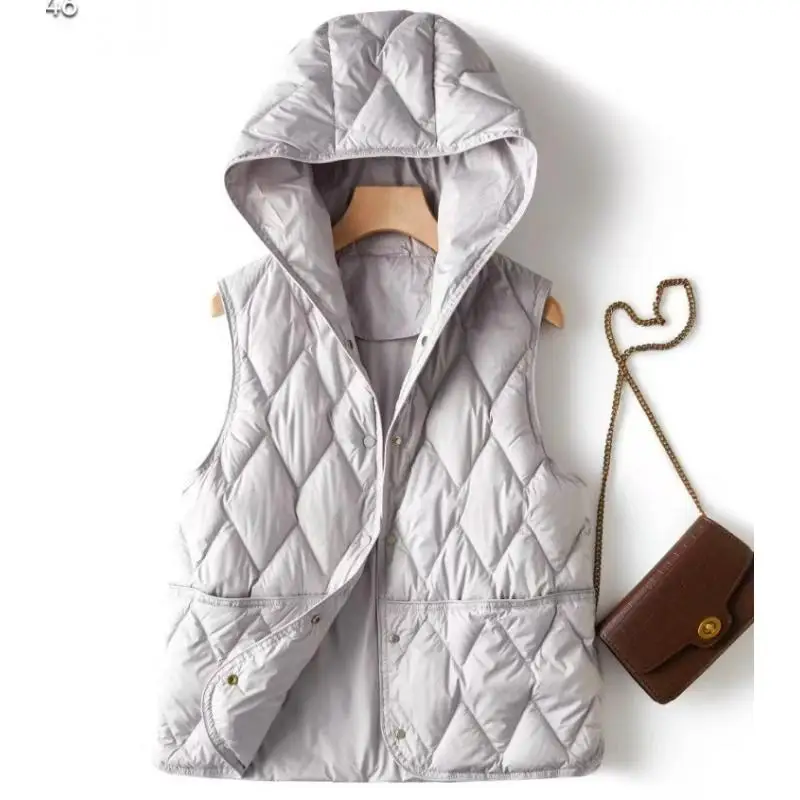 New 90% White Duck Down Sleeveless Jackets Autumn Winter Female Hooded Ultra Light Down Korean Office Lady vest coat Outwear Top