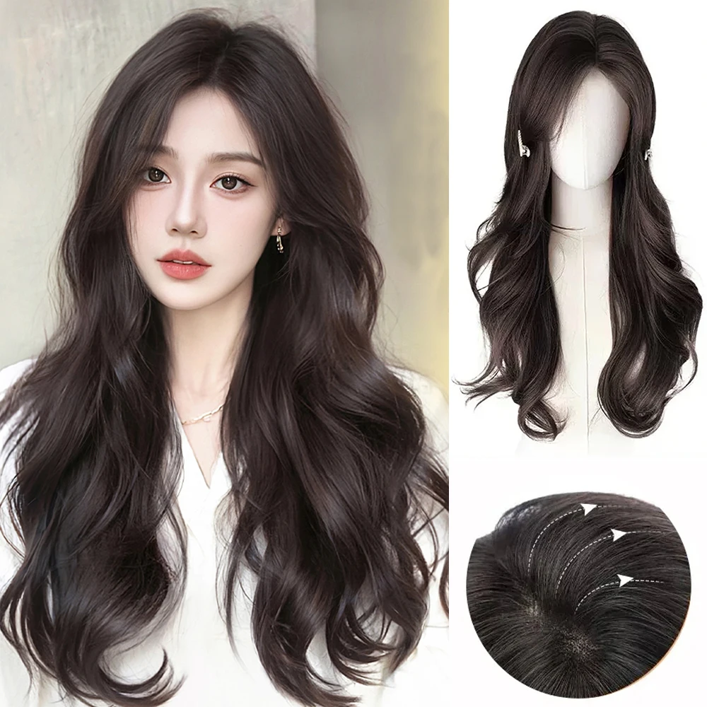 

Synthetic Brown Black Long Wavy Wigs with Fluffy Bangs for Women Natural Wave Hair Cosplay Party Daily Wig Heat Resistant Fibre