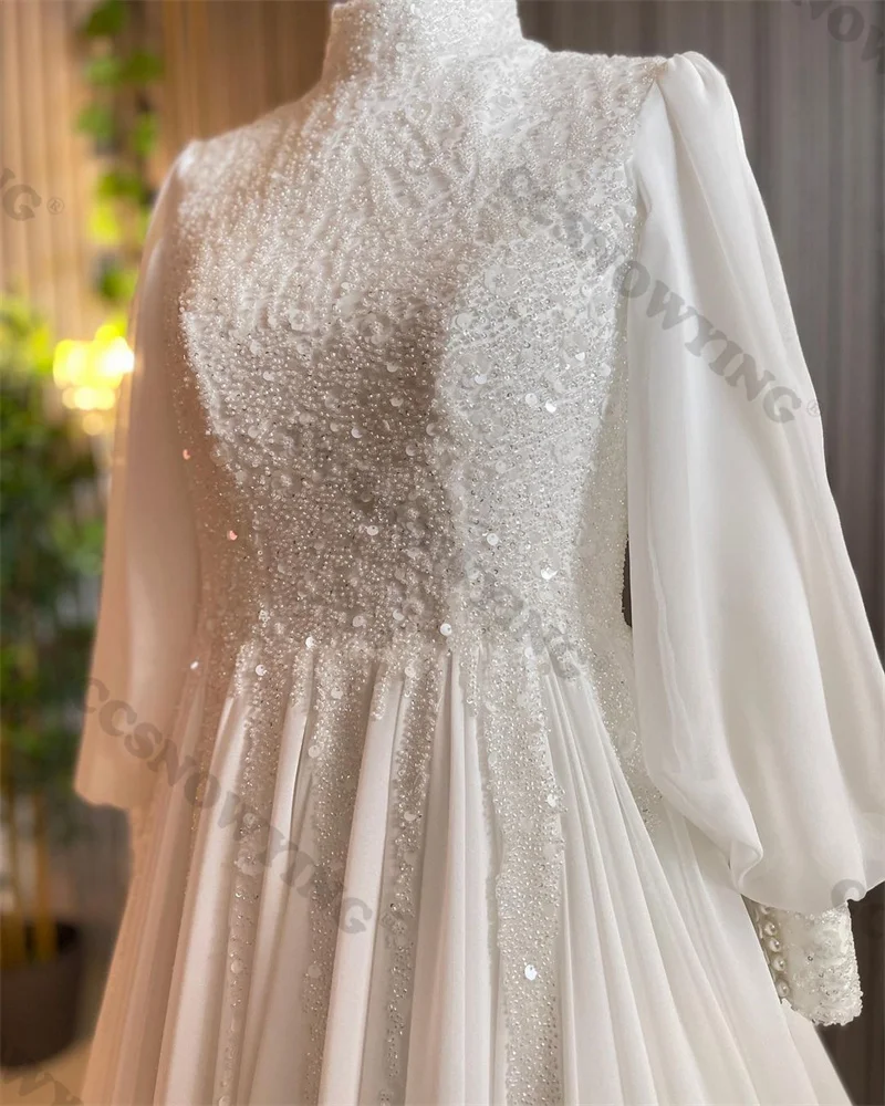 Abito da sposa musulmano con applicazioni di paillettes in Chiffon con mantello manica lunga Hijab abiti da sposa islamici collo alto abito arabo De Mariée